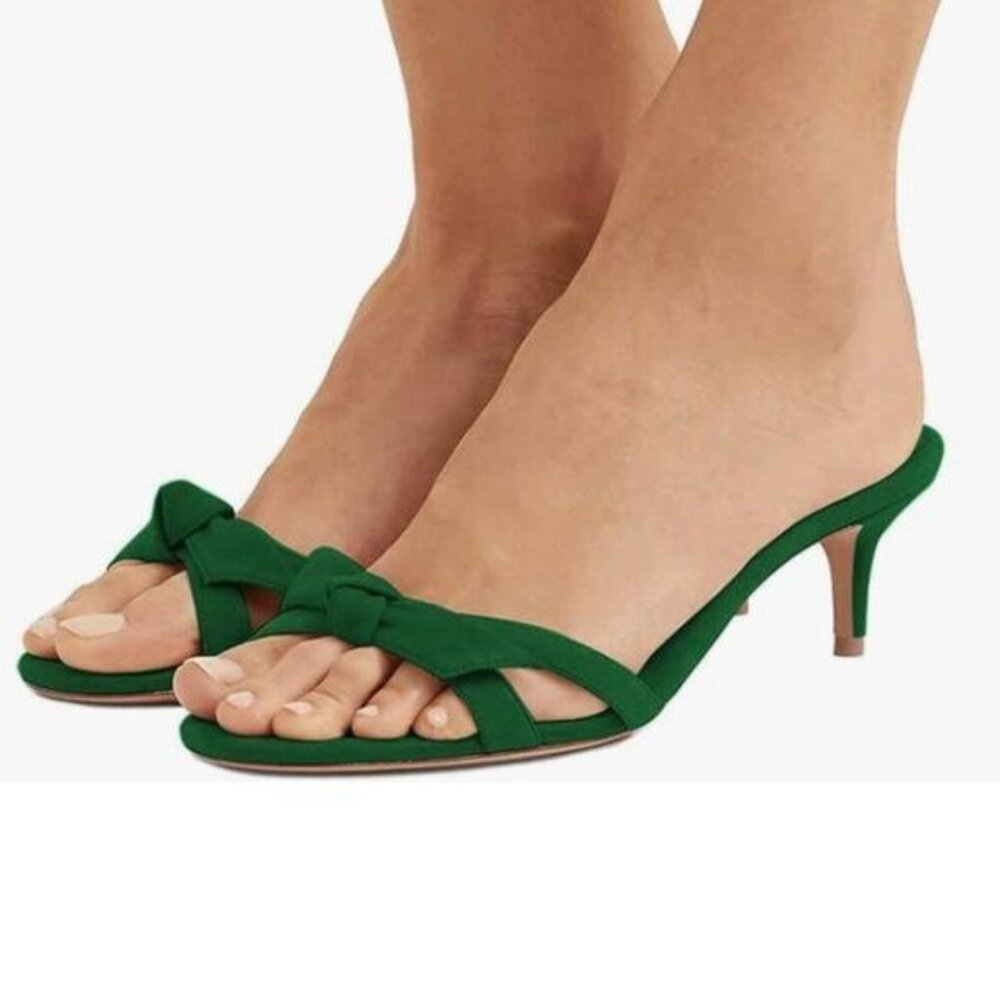 FSJ Green Cute Bowknot Slip On Mules Summer Open Toe Mid Heel Dress Sandal